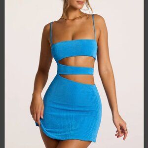 Oh Polly AZZURRA Textured Jersey Cut-Out A-Line Mini Dress in Cobalt Blue